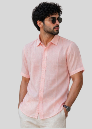 Mens Linen Collar Shirt S/S - Pink, L
